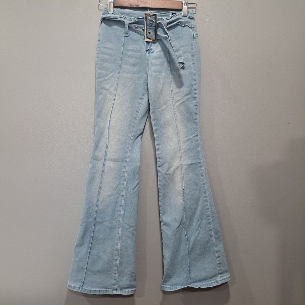 Y2K 90's Size 25 Low Rise Flare Denim Jeans Belt Metal Buckle Festival Ready